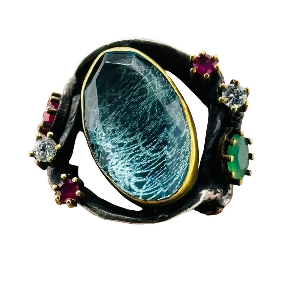 Huge Sterling Silver 925 Ruby Emerald Branch Ring… - image 3